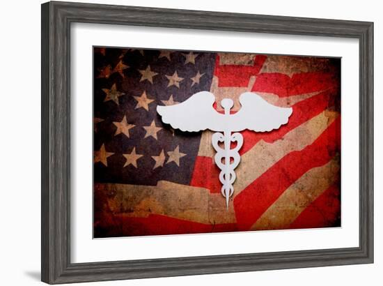 Medical Background, Vintage Paper Cut Of Caduceus Medical Symbol With Copy Space For Text Or Design-jannoon028-Framed Art Print