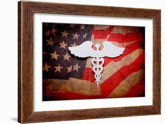 Medical Background, Vintage Paper Cut Of Caduceus Medical Symbol With Copy Space For Text Or Design-jannoon028-Framed Art Print