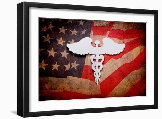 Medical Background, Vintage Paper Cut Of Caduceus Medical Symbol With Copy Space For Text Or Design-jannoon028-Framed Art Print