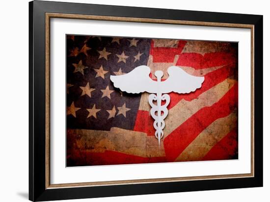 Medical Background, Vintage Paper Cut Of Caduceus Medical Symbol With Copy Space For Text Or Design-jannoon028-Framed Art Print