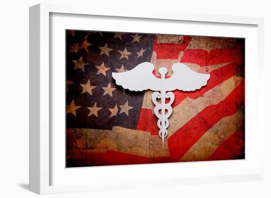 Medical Background, Vintage Paper Cut Of Caduceus Medical Symbol With Copy Space For Text Or Design-jannoon028-Framed Art Print