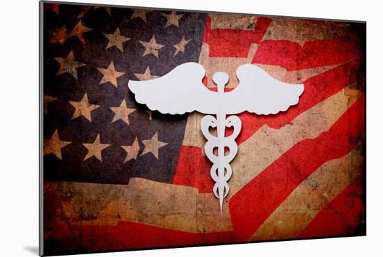 Medical Background, Vintage Paper Cut Of Caduceus Medical Symbol With Copy Space For Text Or Design-jannoon028-Mounted Art Print