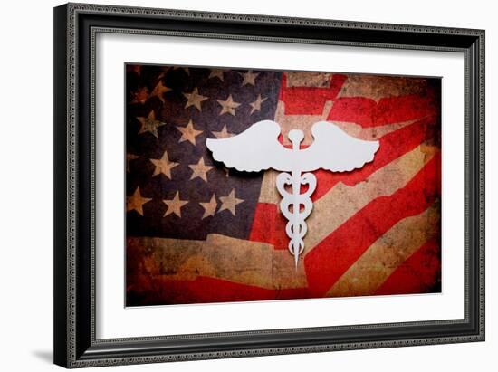 Medical Background, Vintage Paper Cut Of Caduceus Medical Symbol With Copy Space For Text Or Design-jannoon028-Framed Art Print