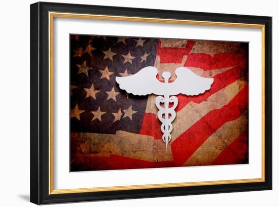 Medical Background, Vintage Paper Cut Of Caduceus Medical Symbol With Copy Space For Text Or Design-jannoon028-Framed Art Print