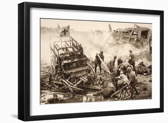 Medical Team Assist their Wounded Comrades in the Midst of Enemy Artilley Fire (B/W Photo)-German photographer-Framed Giclee Print
