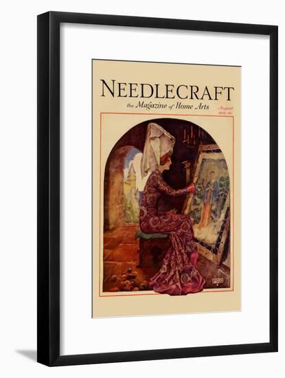 Medieval Girl Sews a Tapestry-Needlecraft Magazine-Framed Art Print