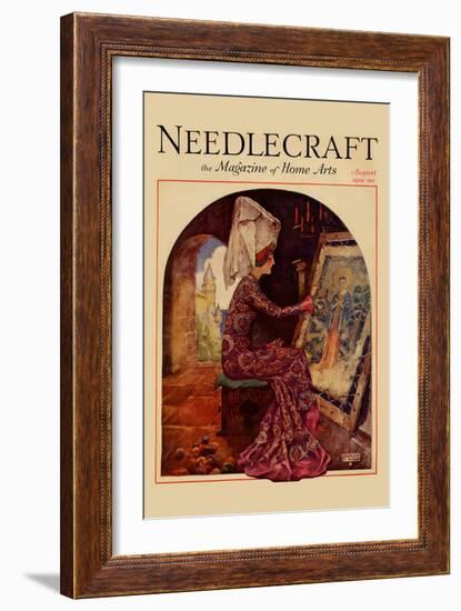 Medieval Girl Sews a Tapestry-Needlecraft Magazine-Framed Art Print