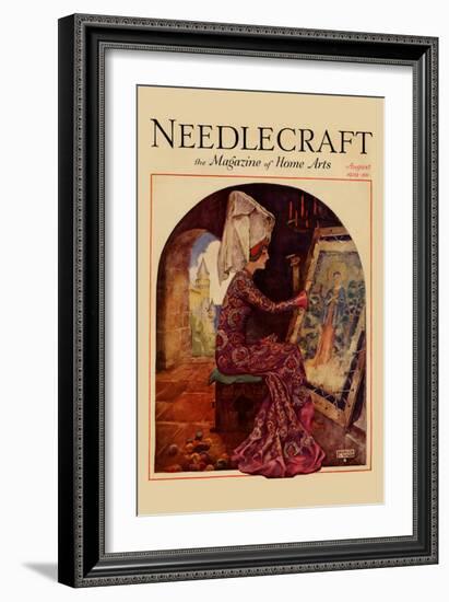 Medieval Girl Sews a Tapestry-Needlecraft Magazine-Framed Art Print