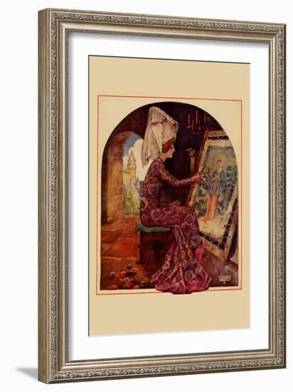 Medieval Girl Sews a Tapestry-Needlecraft Magazine-Framed Art Print