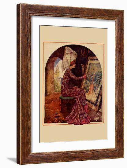 Medieval Girl Sews a Tapestry-Needlecraft Magazine-Framed Art Print