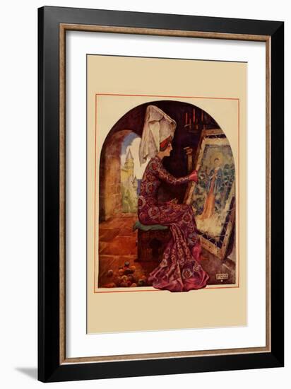 Medieval Girl Sews a Tapestry-Needlecraft Magazine-Framed Art Print