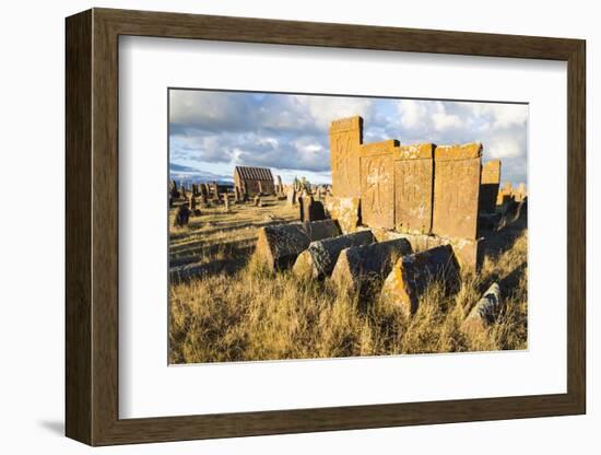 Medieval Khachkars carved memorial stele, Noratus cemetery, Sevan Lake, Gegharkunik province, Armen-G&M Therin-Weise-Framed Photographic Print