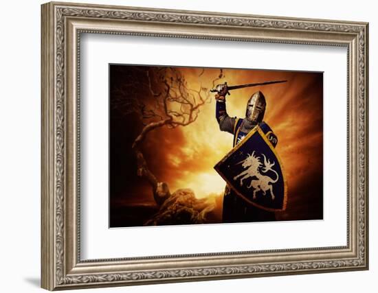 Medieval Knight over Stormy Sky.-NejroN Photo-Framed Photographic Print