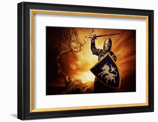 Medieval Knight over Stormy Sky.-NejroN Photo-Framed Photographic Print