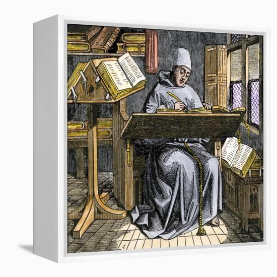 Medieval Scribe Writing at a Desk, Surrounded by Open Manuscripts-null-Framed Premier Image Canvas