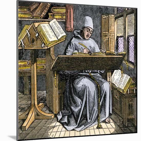 Medieval Scribe Writing at a Desk, Surrounded by Open Manuscripts-null-Mounted Giclee Print