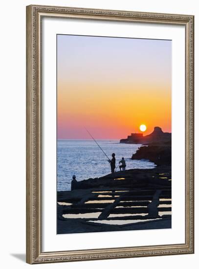 Mediterranean Europe, Malta, Gozo Island, Xwejni Bay, Fisherman at the Salt Pans at Sunrise-Christian Kober-Framed Photographic Print