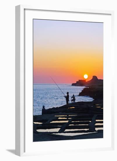 Mediterranean Europe, Malta, Gozo Island, Xwejni Bay, Fisherman at the Salt Pans at Sunrise-Christian Kober-Framed Photographic Print