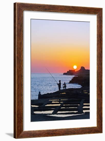 Mediterranean Europe, Malta, Gozo Island, Xwejni Bay, Fisherman at the Salt Pans at Sunrise-Christian Kober-Framed Photographic Print