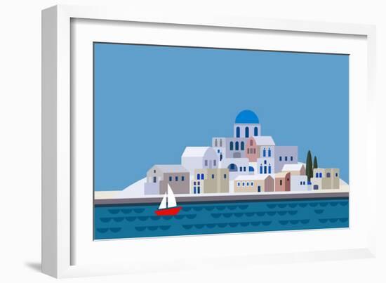 Mediterranean Landscape by Sea. Greek Island with Little Town, Village, Resort, Beach. Travel, Holi-TabitaZn-Framed Art Print