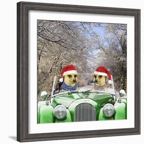 Meerkats Driving Car Through Snow Scene Wearing-null-Framed Photographic Print