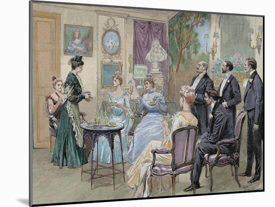 Meeting of Aristocratic Families in the Living Room. Colored Engraving by George Scott, 1892-Prisma Archivo-Mounted Photographic Print