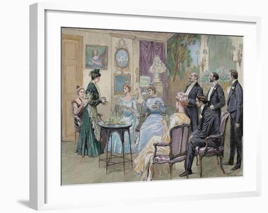 Meeting of Aristocratic Families in the Living Room. Colored Engraving by George Scott, 1892-Prisma Archivo-Framed Photographic Print