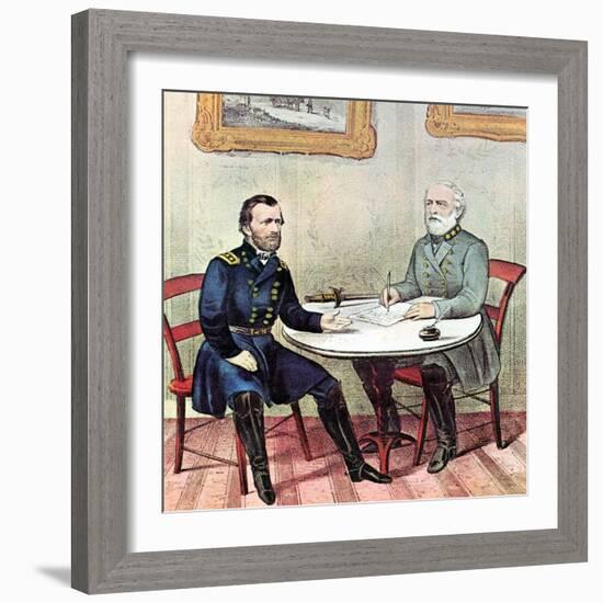 Meeting of Generals Grant (Lef) and Lee, American Civil War, 1865-Currier & Ives-Framed Giclee Print