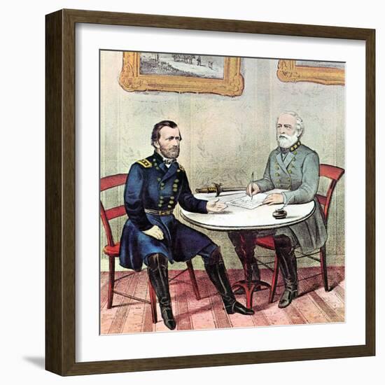 Meeting of Generals Grant (Lef) and Lee, American Civil War, 1865-Currier & Ives-Framed Giclee Print