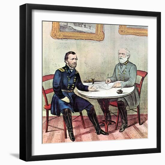 Meeting of Generals Grant (Lef) and Lee, American Civil War, 1865-Currier & Ives-Framed Giclee Print