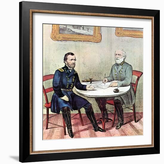 Meeting of Generals Grant (Lef) and Lee, American Civil War, 1865-Currier & Ives-Framed Giclee Print