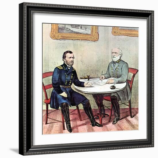 Meeting of Generals Grant (Lef) and Lee, American Civil War, 1865-Currier & Ives-Framed Giclee Print