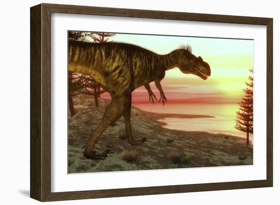 Megalosaurus Dinosaur Walking Toward the Ocean at Sunset-Stocktrek Images-Framed Art Print