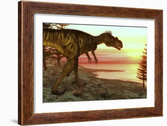 Megalosaurus Dinosaur Walking Toward the Ocean at Sunset-Stocktrek Images-Framed Art Print