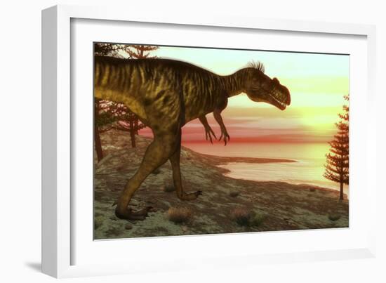 Megalosaurus Dinosaur Walking Toward the Ocean at Sunset-Stocktrek Images-Framed Art Print