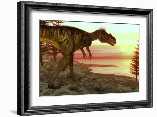 Megalosaurus Dinosaur Walking Toward the Ocean at Sunset-Stocktrek Images-Framed Art Print