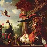 Scarlet Macaw Perched on an Urn, with Other Birds and a Monkey Eating Grapes-Melchior de Hondecoeter-Giclee Print