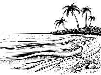 Ocean or Sea Beach with Waves, Sketch. Black and White Vector Illustration of Sea Shore with Palms.-Melok-Mounted Art Print