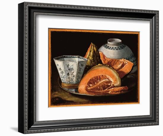 Melon and an Octagonal Cup on a Silver Charger, an Upturned Bowl behind (Oil on Canvas)-Cristoforo Munari-Framed Giclee Print