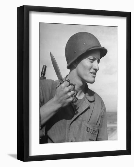 Member of a US Marine Battalion Training with Knife and Brass Knuckles-null-Framed Photographic Print