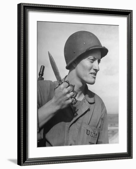 Member of a US Marine Battalion Training with Knife and Brass Knuckles-null-Framed Photographic Print
