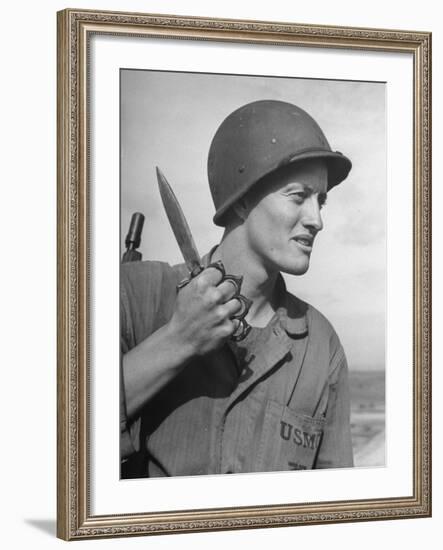 Member of a US Marine Battalion Training with Knife and Brass Knuckles-null-Framed Photographic Print