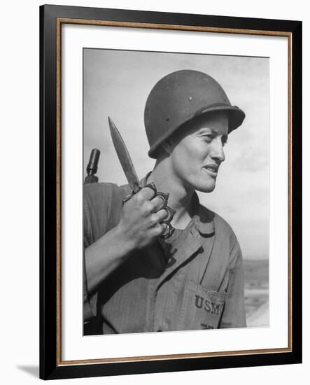 Member of a US Marine Battalion Training with Knife and Brass Knuckles-null-Framed Photographic Print