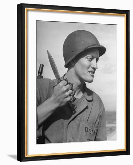 Member of a US Marine Battalion Training with Knife and Brass Knuckles-null-Framed Photographic Print