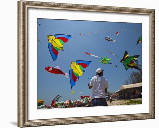 Member of Indonesia Kite Team Flies Kite with Series of Colorful Bird Sales, Vung Tau City, Vietnam-null-Framed Photographic Print