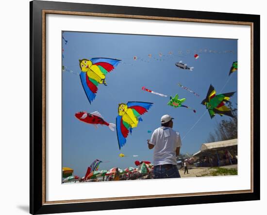 Member of Indonesia Kite Team Flies Kite with Series of Colorful Bird Sales, Vung Tau City, Vietnam-null-Framed Photographic Print