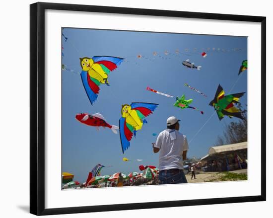 Member of Indonesia Kite Team Flies Kite with Series of Colorful Bird Sales, Vung Tau City, Vietnam-null-Framed Photographic Print