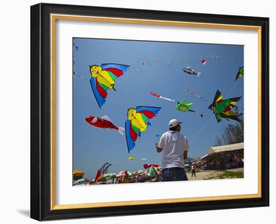 Member of Indonesia Kite Team Flies Kite with Series of Colorful Bird Sales, Vung Tau City, Vietnam-null-Framed Photographic Print