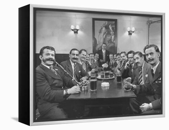 Members of Handlebar Club Sitting at Table and Having Formal Beer Session-Nat Farbman-Framed Premier Image Canvas