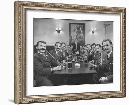 Members of Handlebar Club Sitting at Table and Having Formal Beer Session-Nat Farbman-Framed Photographic Print